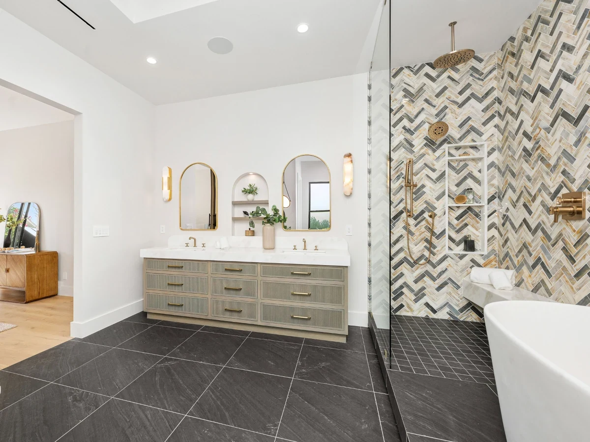bathroom herringbone shower wall floor daffodil tiling