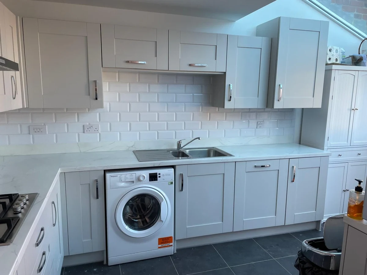 kitchen backsplash white subway tiles window area swansea daffodil tiling